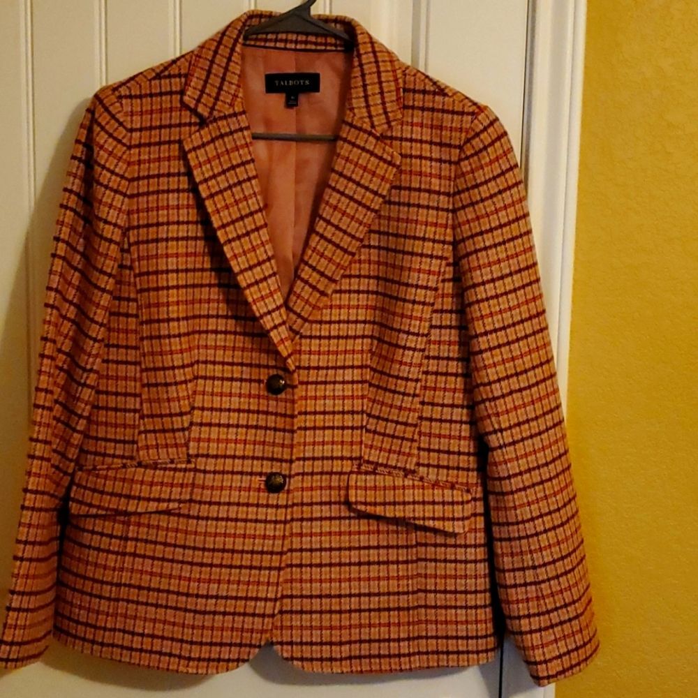 TALBOTS WOMENS PINK WOOL PLAID LONG SLEEVE BLAZER SIZE 10